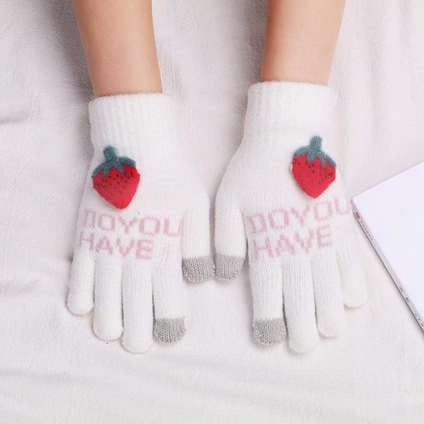 

five fingers gloves 2021 women' winter touch screen strawberry pattern warm split finger glove fleece outdoor cycling girls cold, Blue;gray