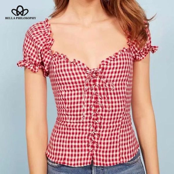 

women's blouses & shirts bella philosophy 2021 summer cotton linen square collar lace up bow tie short women blusas ruffles blouse plai, White