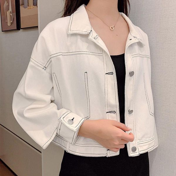 

fall 2021 new women's jacket short jeans long sleeve casual antique denim jacket korean street wear women's coat white, Black;brown