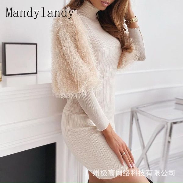 

ethnic clothing mandylandy women's casual plush stitching dress autumn winter fashion lantern sleeve solid color turtleneck slim mini, Red