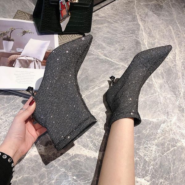 

boots women's sleeve rhinestone color matching ankle fashion pointed ladies 2021, Black