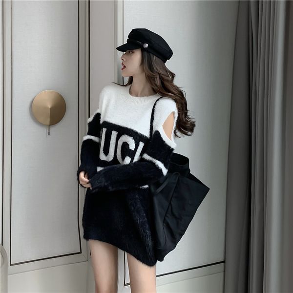 

2021 new autumn loose plush texture off-shoulder hit mid-length letter color matching round neck long-sleeved warm sweater g896, White;black