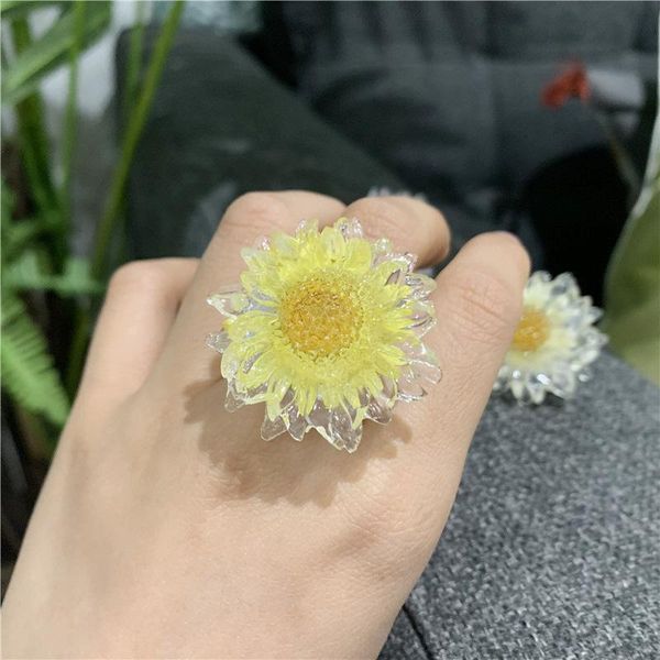 

cluster rings korean yellow pink transparent resin acrylic big flower sunflower glass finger for women girls party wedding bride jewelry, Golden;silver