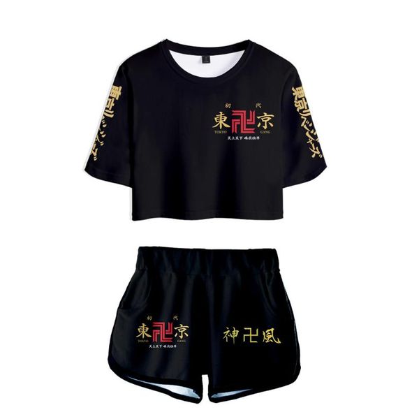 

women's tracksuits creative desgn tokyo revengers navel sport girls short sleeve tracksuit two pieces sets summer 3d t-shirt shorts pan, Gray