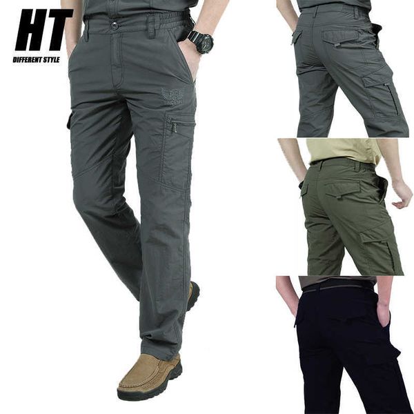 

summer mens tactical cargo pants multi-pockett elasticity hiking army joggers pant men breathable loose casual trousers 210603, Black