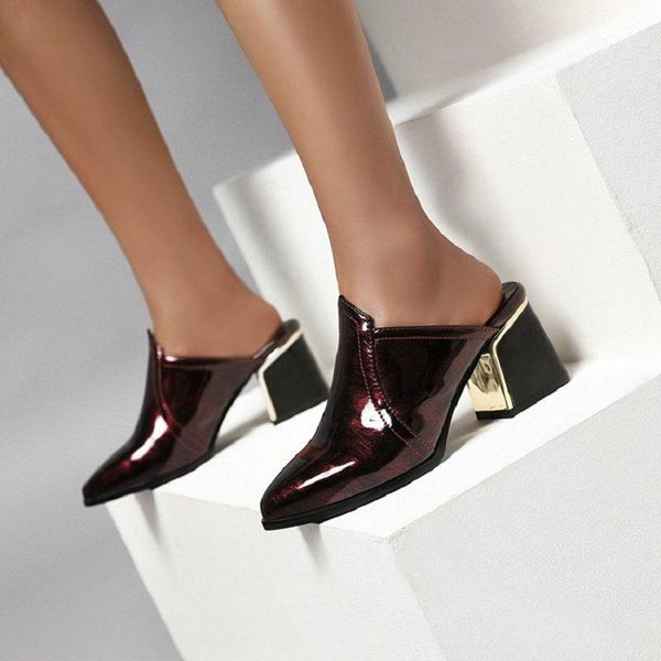 

slippers sianie tianie 2021 patent pu leather chunky high heels womens slides sandals pointed toe female woman mules size 33-43, Black
