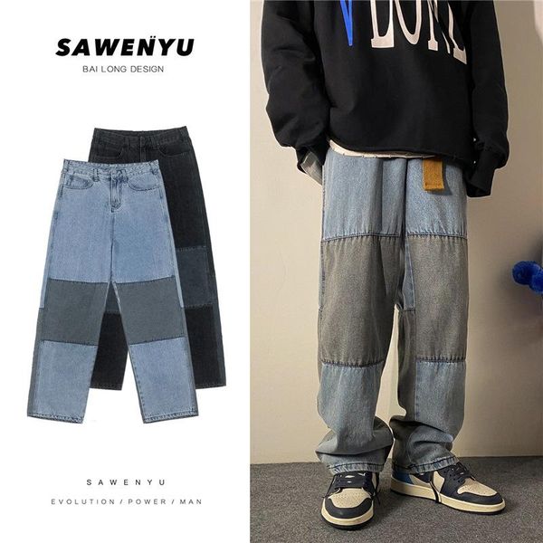 

men's jeans patchwork denim pants black blue relaxed fit men hip hop baggy straight loose masculina trousers