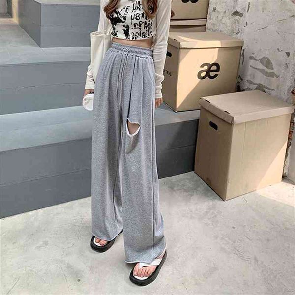 

women pants broken holes pants summer high waist loose cropped sweatpants for women pantalones de mujer, Black;white