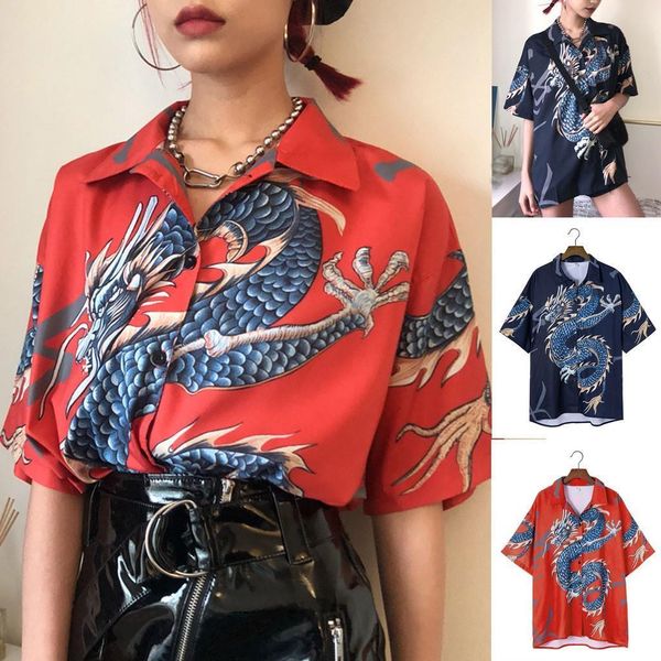 

women streetwear summer hiphop shirts dragon print shirt fashion women turn down collar flying dragon casual striped loose blouse, White