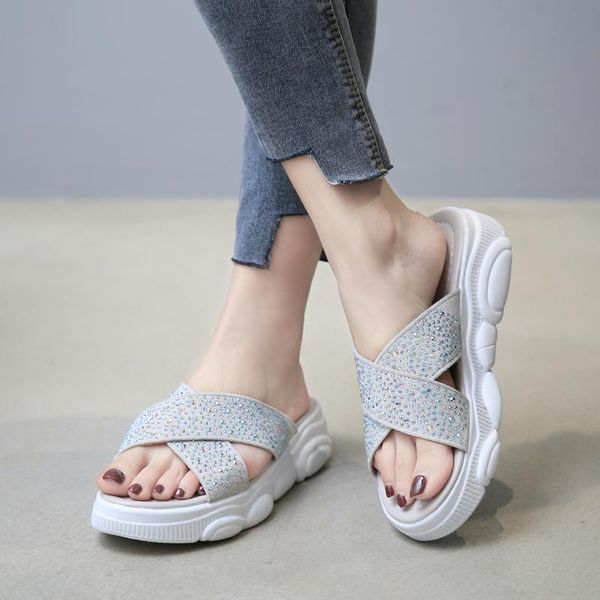 

slippers crystal women slide sandals summer platform bling beach slides shoes comfortable middle heel flip flops dropship, Black