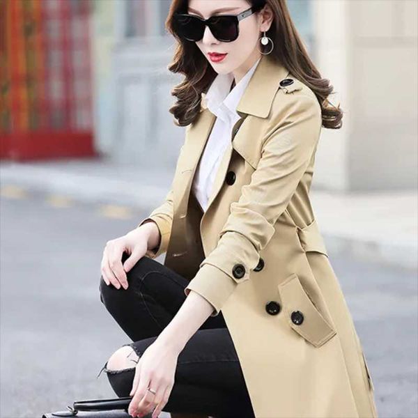 

women's trench coats 2021 spring and autumn version plus size mid-length double-breasted coat, Tan;black