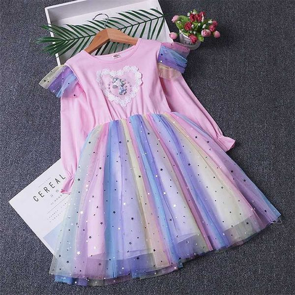 Unicórnio princesa vestido outono meninas arco-íris estrela vestidos de casamento de aniversário 3-10 anos doces crianças flor vestidos crianças roupas 211027