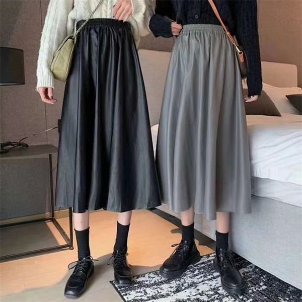 

neophil ladies pu fur faux leather midi skirts winter solid fashion pleated high waist vintage women skirts longa saia s9729 210315, Black