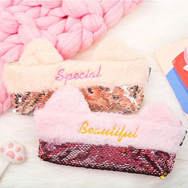 

pencil cases fashion fancy plush pouch girls glitter ins bag box sequin student stationery case school