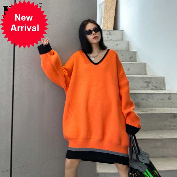 

eam] orange big size knitting sweater loose fit v-neck long sleeve women pullovers new fashion tide autumn winter 2021 1dc357, White;black