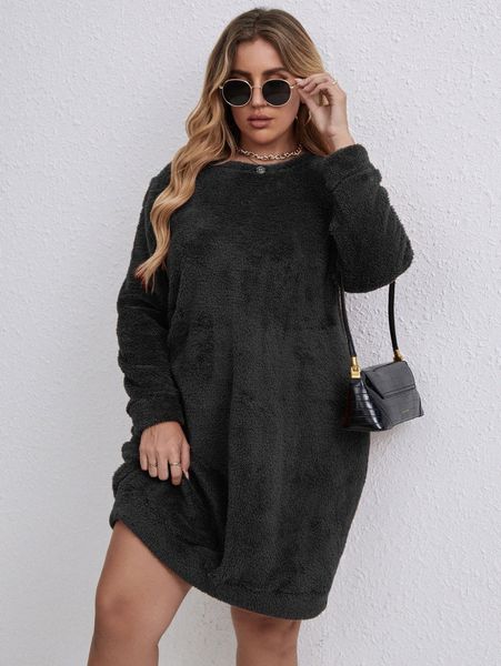 

plus solid teddy sweatshirt dress without belt a5sp#, Black