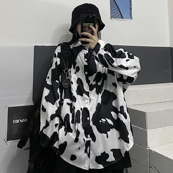 

men's casual shirts retro printed and women's ins trend cow pattern long sleeves drop shoulder loose jacket, White;black