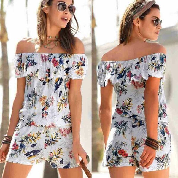 

women's jumpsuits & rompers womens playsuit romper suit floral print ruffles off shoulder loose casual jumpsuit holiday beach shorts su, Black;white