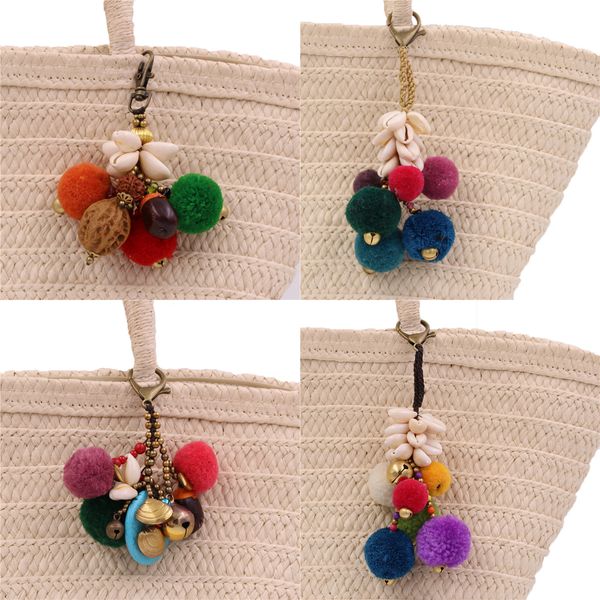

1pc natural shell colorful pompom nut ball handmade bohemian keychain for women summer keyring bag trinket friendship gift, Silver
