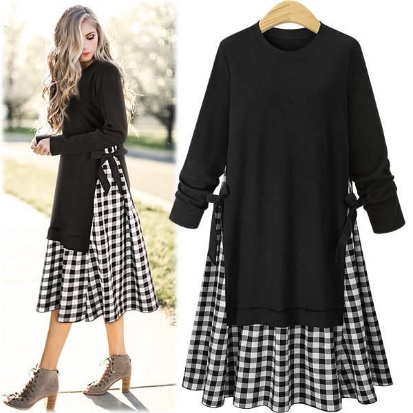 

casual dresses 2021 plus size spring autumn female fashion o-neck black full sleeve patchwork plaid dress re2444, Black;gray