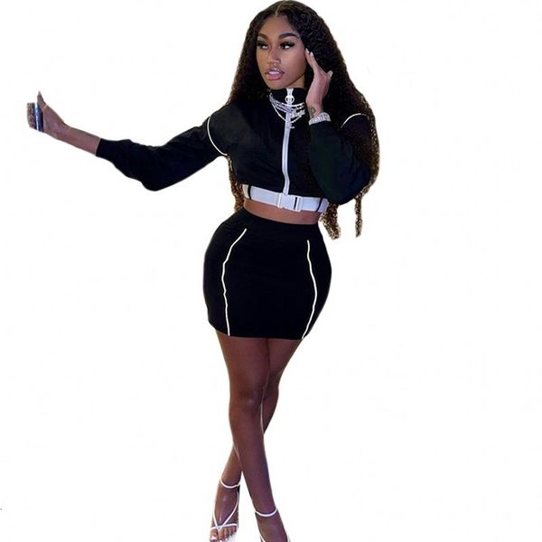 

mini feminine skirt set zipper collar crop jackets spring suits fall splice street casual style 2 piece of clothes a3ql, Black;gray