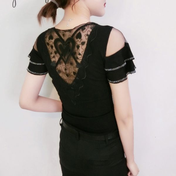 

2021 new summer korean clothes t-shirt chic diamonds patchwork mesh ruffles women ropa mujer back bottoming shirt tees t07302 32ix, White