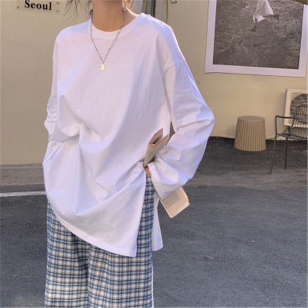 

2021 basic chic office lady new women solid high street split t-shirts all match female gentle full sleeves 7lyj, White