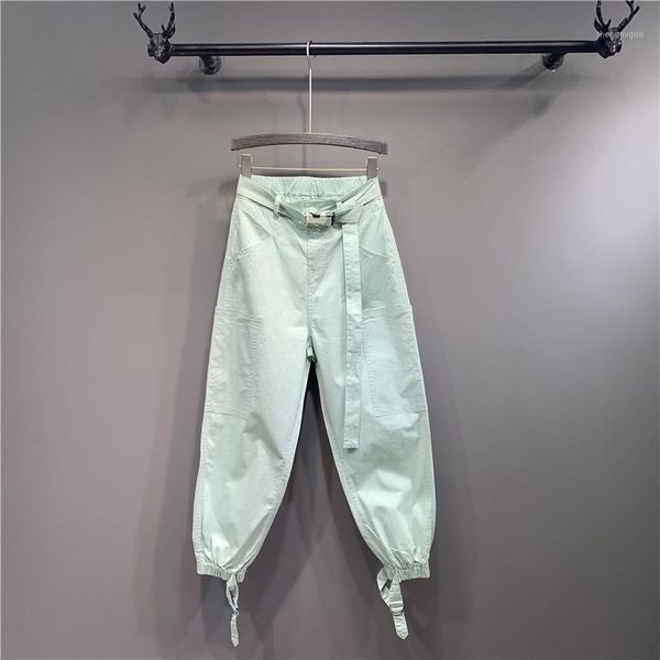 

women's jeans high-waist pantalon belt denim hamstring leg trousers loose femme dm001, Blue