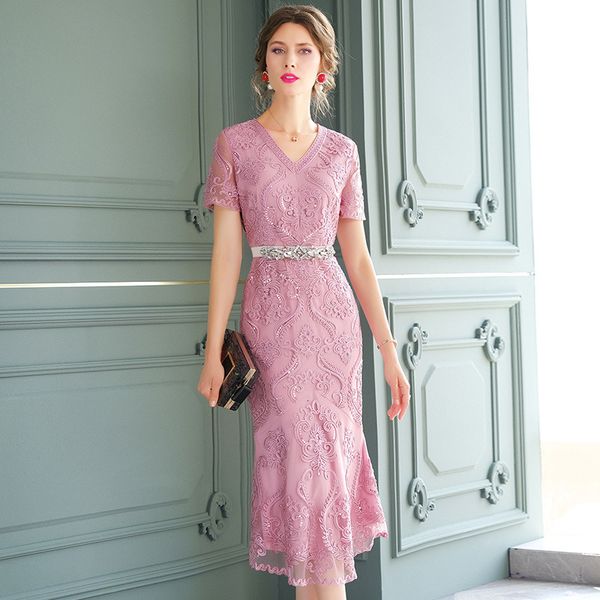 

2021 new celebrities slim women ladies haunchy fishtail party dress plus size retro v-neck mesh embroidered dresses 7h2i, Black;gray