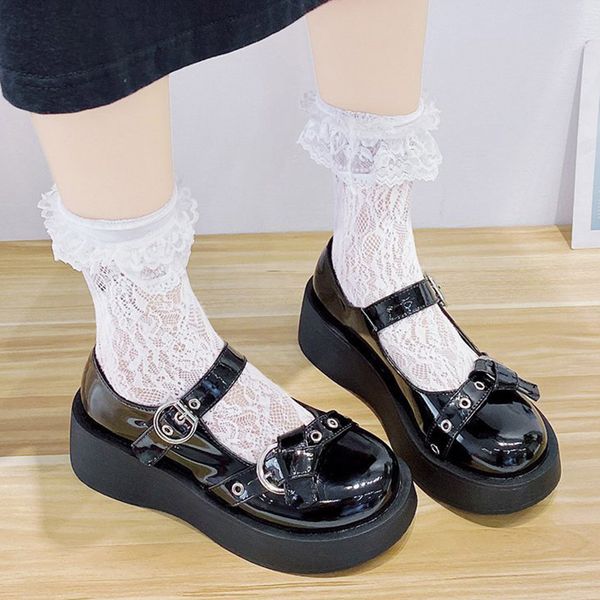 

Lolita Shoes Flat On Platform Shoes Rivet Buckle Mary Janes Woman Wedges Leather Shoe Black Thick Sole mujer Round 8775N, Black yg