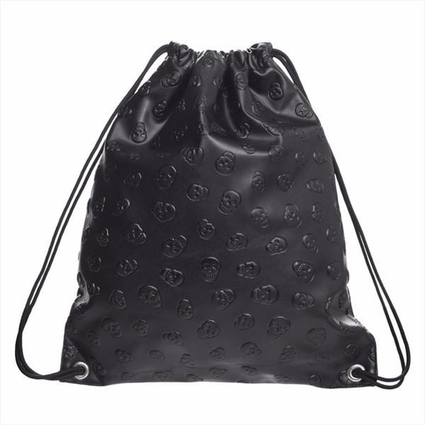 

skull drawstring leather fashion travel backpack bags black
