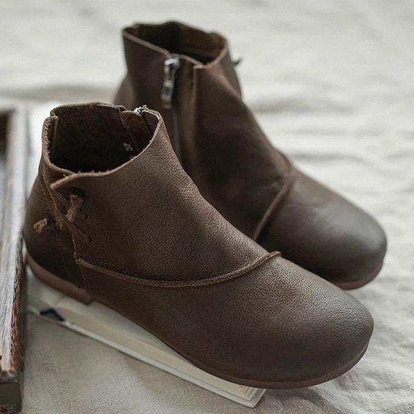 

leather ankle boots 2019 vintage boots women side zipper women shoes comfortable flat heel female zipper short i6zt#, Black