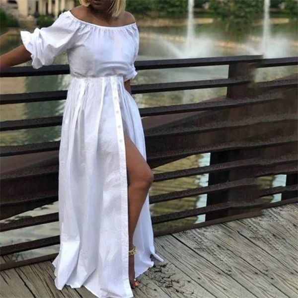 

celmia high split dress women off shoulder long dress casual loose solid plus size sundress summer high waist buttons dress, Black;gray