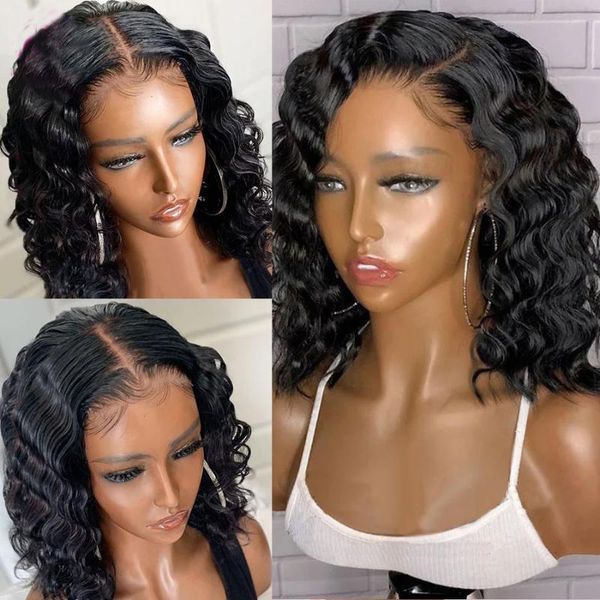 

synthetic wigs 14 inch black curly lace front wig for women blunt short bob glueless heat resistant baby hair preplucked deep wave
