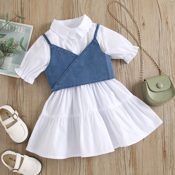 

summer new products childrens 2021 fashion girls solid short-sleeved stitching petticoat denim sling vest two-piece suit, White