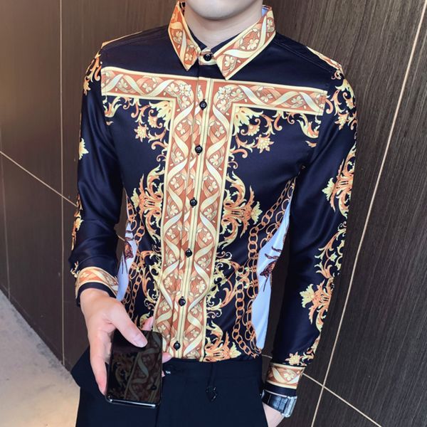 

2021 new luxury gold print men casual slim fit long sleeve male shirts club black white tuxedo shirt camisa social masculina 6ckg, White;black