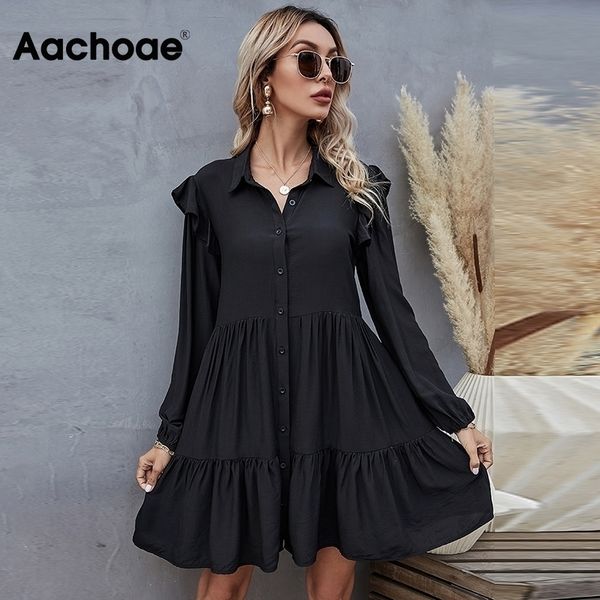 

aachoae summer autumn women black dress ruffles long sleeve elegant shirt dress loose casual pleated mini dress sundress robe 210316, Black;gray