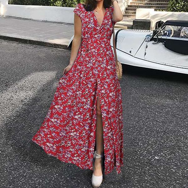 

new 2021 summer short sleeve sun celmia women fashion v-neck long floral print bandage high split beach vestido 5xl dldn, Black;gray