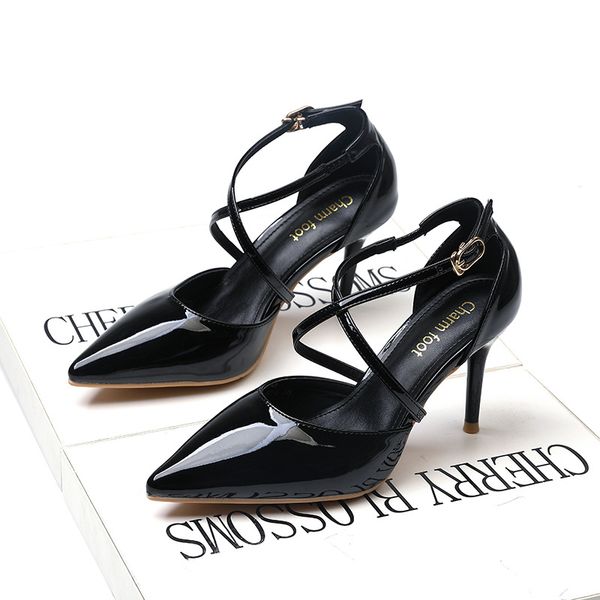 

pumps womens 2021 pointed korean style all-match hollow high heel stiletto heel fork strap buckle patent leather sandals, Black