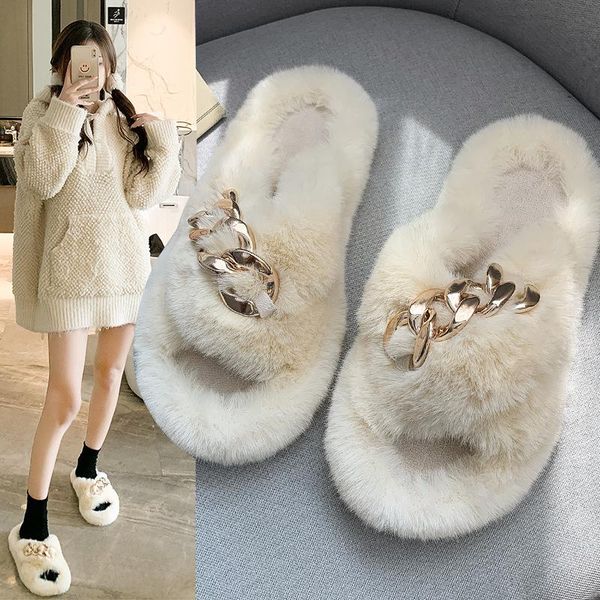

slippers casual rubber flip flops fur shoes flock low rivet slides loafers slipers women luxury hawaiian plush 2021 summer hoof, Black