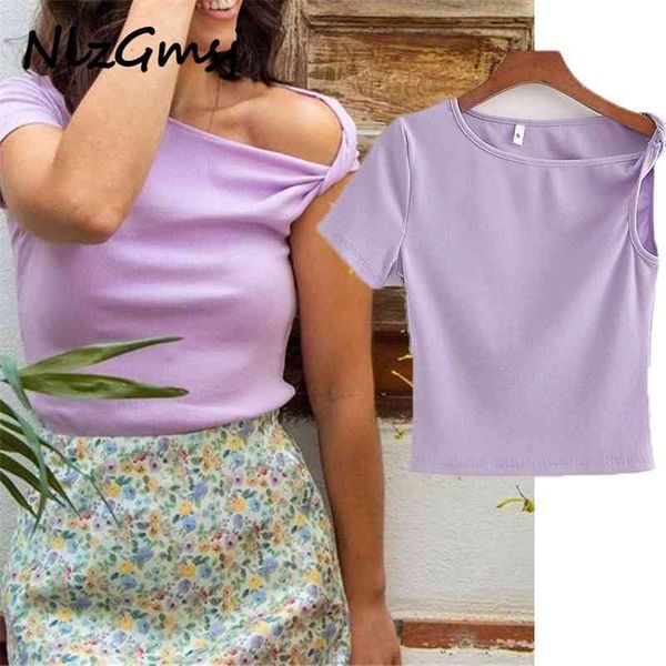 

t shirt women summer round collar casual short sleeve solid color irregular oblique shoulder t-shirt 210628, White