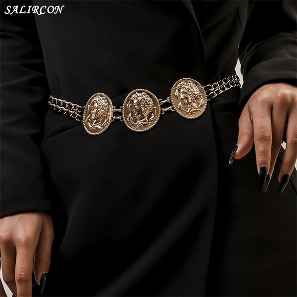 

vintage portrait coin waist punk aesthetic link chain belt for women waistband dress shirt decoration body jewerly, Silver