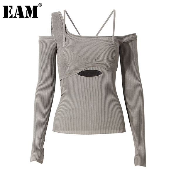 

[eam] hollow out gray knitting sweater loose fit slash neck long sleeve women pullovers fashion autumn winter 1dd2267 211007, White;black