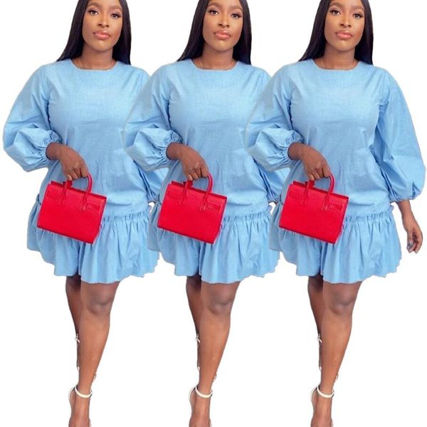 

casual dresses high street women solid ruffles dress fashion o-neck full puffy sleeves loose with zipper 2021 summer, Black;gray