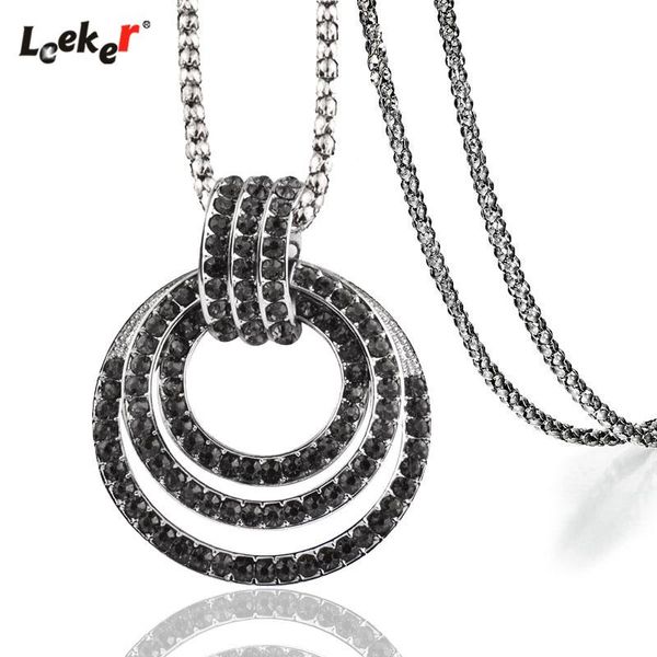 

pendant necklaces leeker vintage hollow big round circle long necklace with black cubic zirconia for women jewelry 017 lk2, Silver