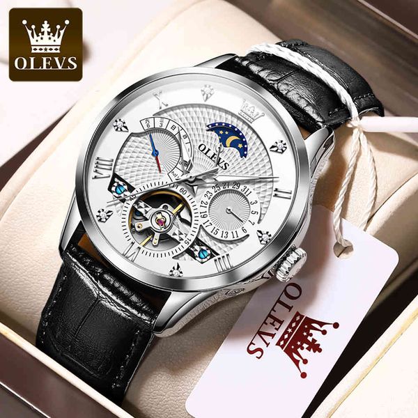 

new fashion men mechanical clock moon phase luxury automatic seal date s for leather band polar male, Slivery;brown