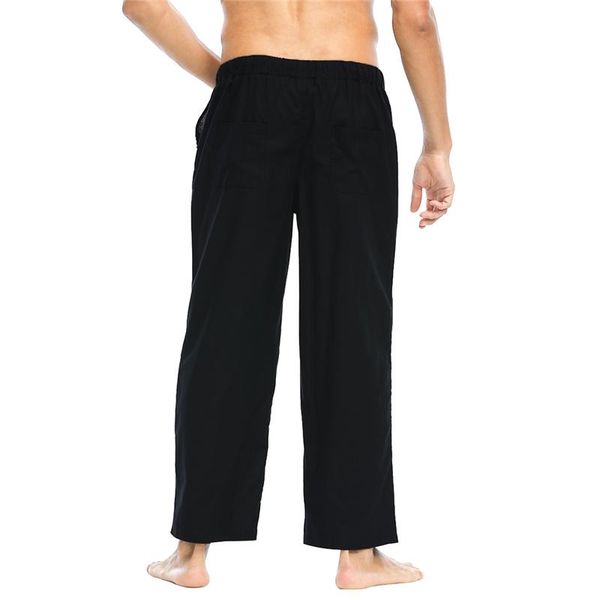 

men's pants summer men solid color linen straight casual plus large size breathable comfortable drawstring loose trousers, Black