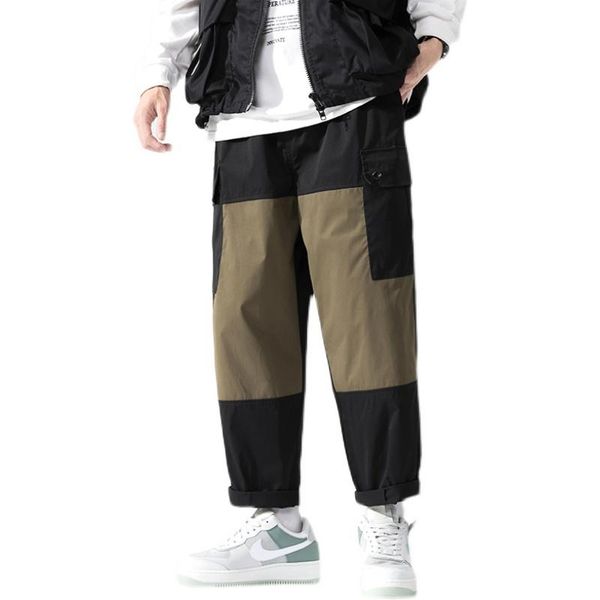 

cargo pants men streetwear hip hop pants loose korean style ankle length trousers overalls elastic waist stitching men trousers, Black