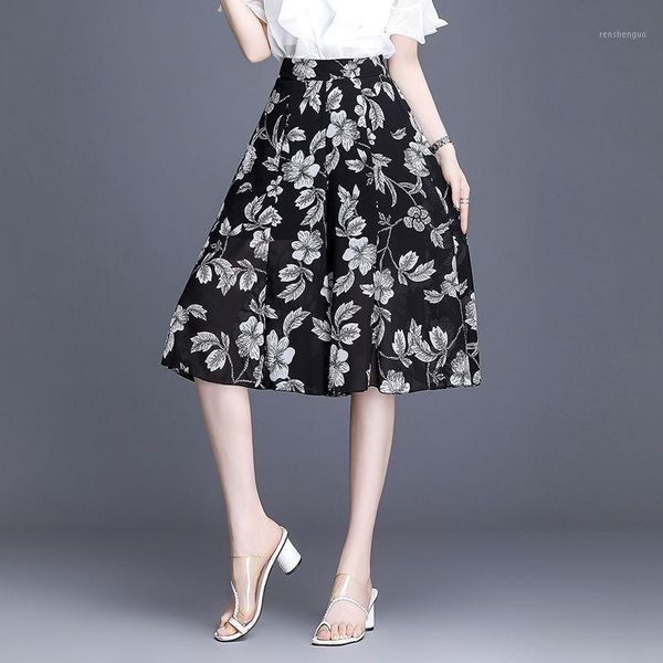 

women 2021 summer fashion printed wide-leg pants female high waist chiffon trousers ladies thin loose casual e59 women's & capris, Black;white