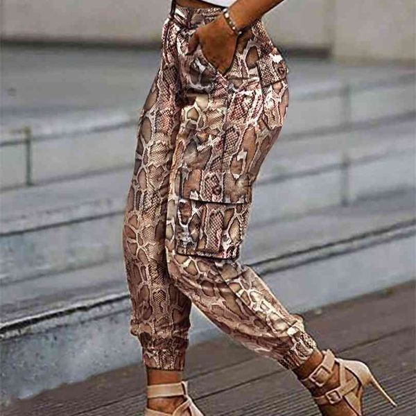 

women fashion casual pants trousers snakeskin print pocket design tied cuff cargo 210925, Black;white